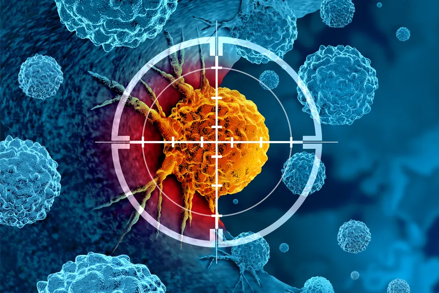 3D illustration of a cancer cell with a target superimposed over it. Schedule a cancer screening from The Cove Concierge Medicine in Denver.