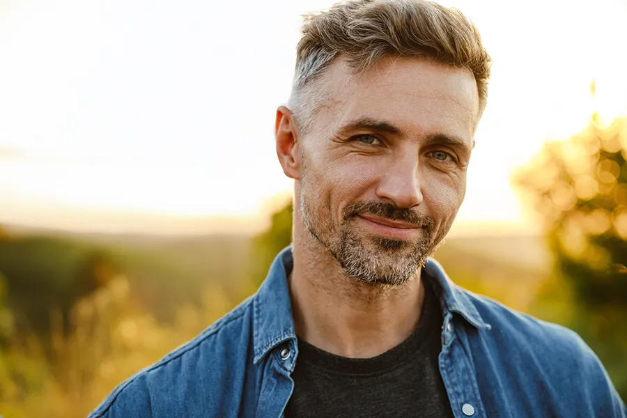 A handsome middle-aged man in a denim shirt stands outside smiling at dusk. Schedule concierge primary care for men from The Cove Concierge Medicine in Denver.