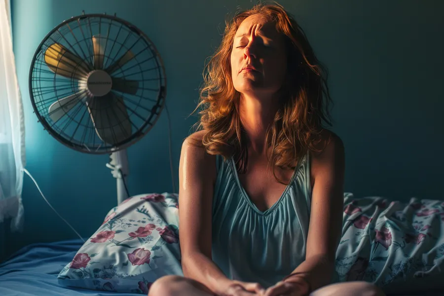 A middle-aged red-haired woman sits in bed sweating with a fan behind her, unable to sleep. Get treatment for hot flashes and night sweats from The Cove Concierge Medicine in Denver.