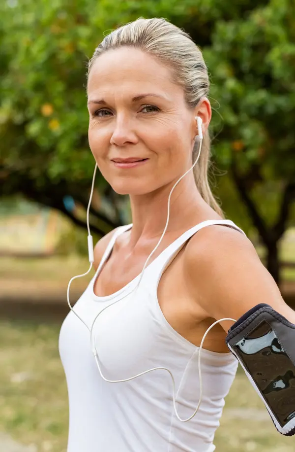 A fit middle aged woman wearing earphones and a tank top smiles after a run. Get insulin resistance treatment from The Cove Concierge Medicine in Denver.